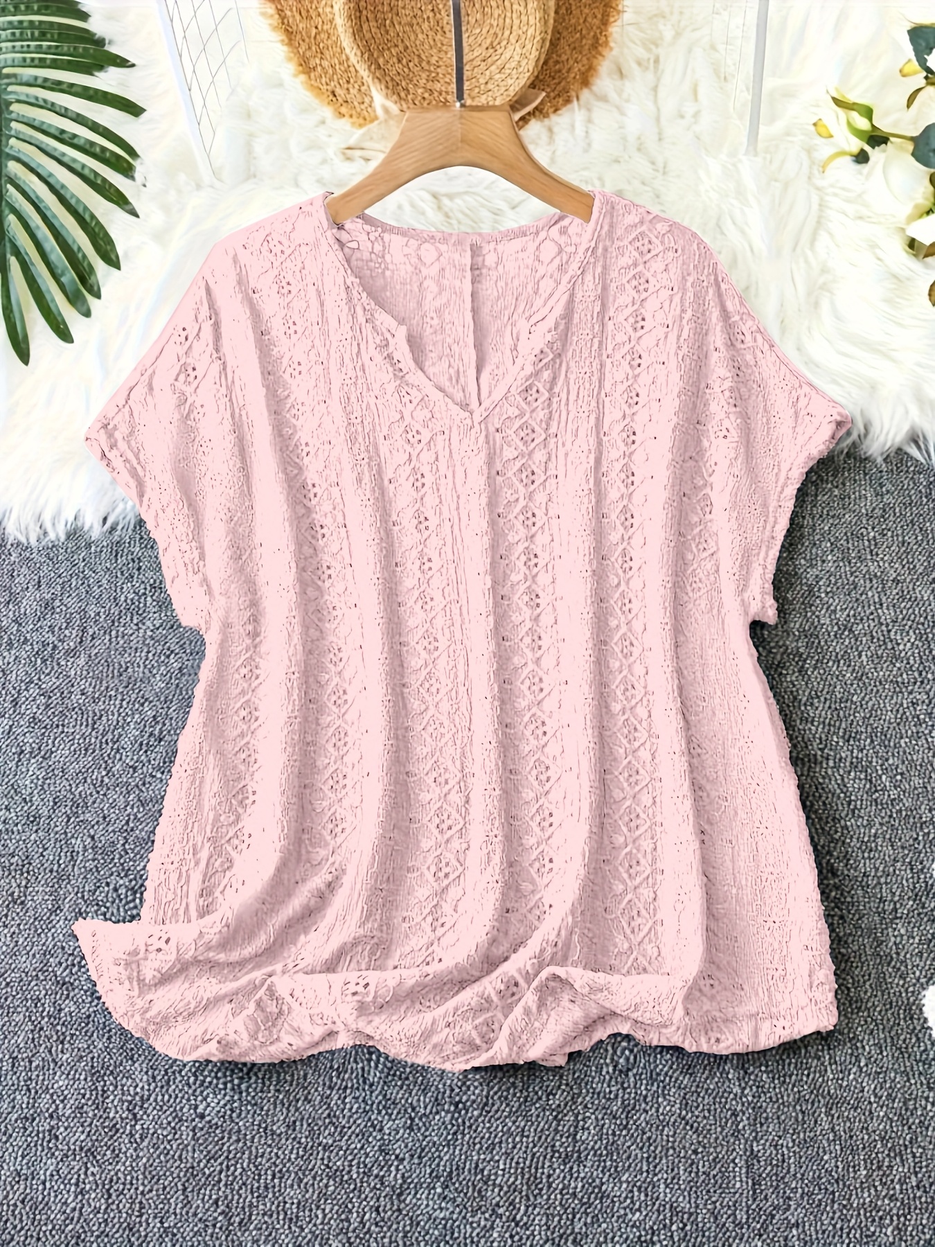 Plus-size summer hollowed-out V-neck bat-sleeve T-shirt for women. There are multiple color options available, and it features a hollowed-out design.