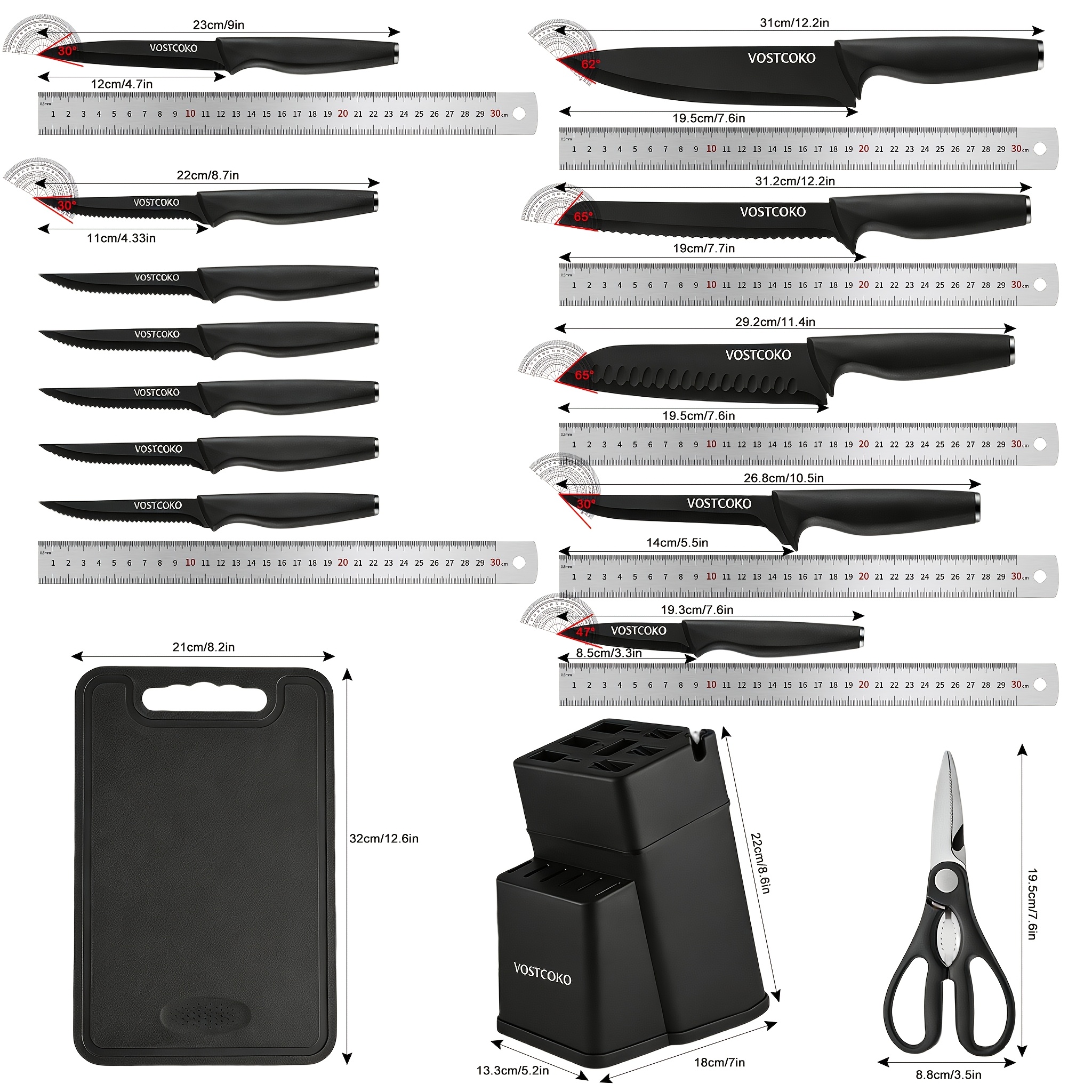15pcs Professional Black Kitchen Knife Set, Including A Cutting Board, Chef's Knife with Non-slip ABS Handle, Plastic Cutting Board And Kitchen Scissors. Ideal for Home And Restaurant Use. A Perfect Gift for Thanksgiving, Christmas And New Year