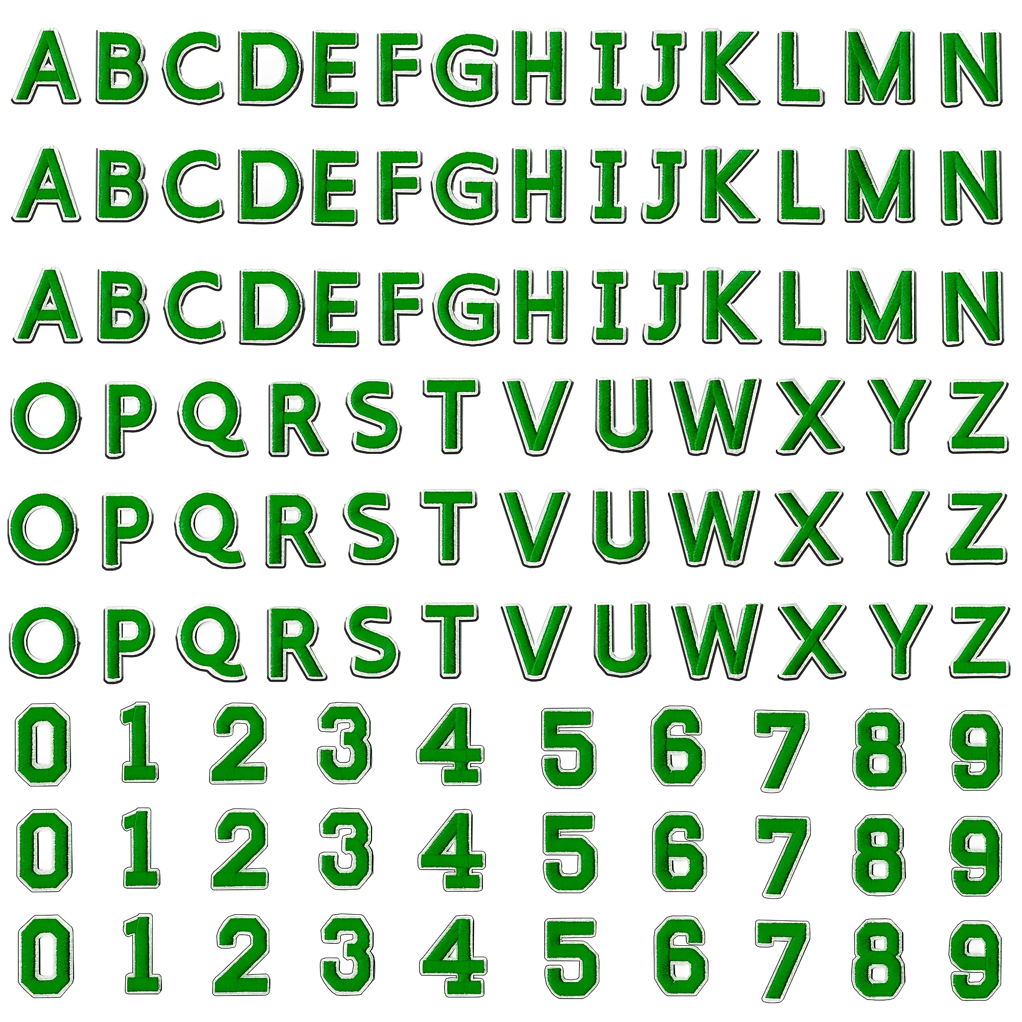 TEMU 108pcs Green Letters, Including 3 Sets Of Letters Patches , 3 Sets Of Numbers 0-9 For Sewing Or Ironing On Hats, Shirts, And Jeans, Or For Diy