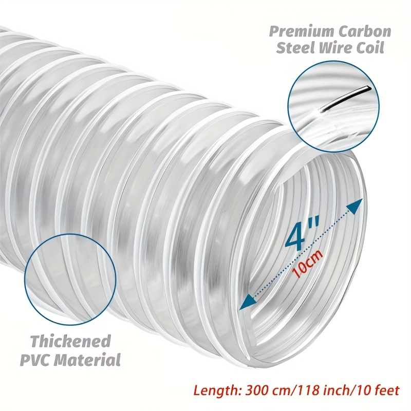 Clear Pvc Dust Collection Hose, Wire Reinforced, Puncture-resistant, 2.5/4 Inch X 10ft, Expandable To , Includes 4 Clamps For Woodworking &
