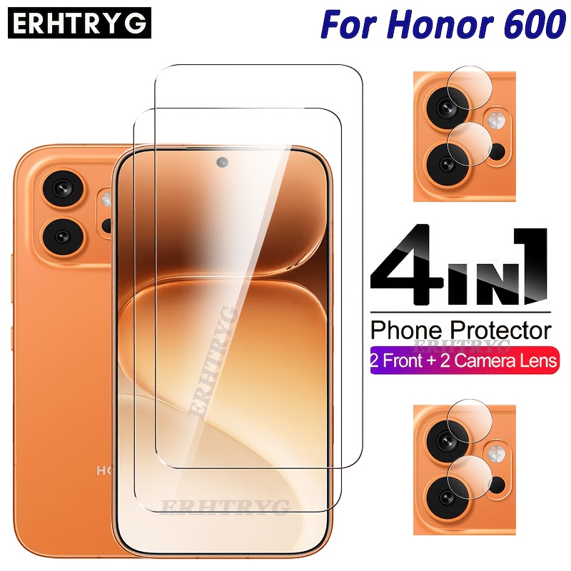 TEMU (4En1) Protecteur d'écran en verre trempé pour Honor 600 - 2 protections d'écran en verre trempé et 2 protections d'objectif de caméra, coque de