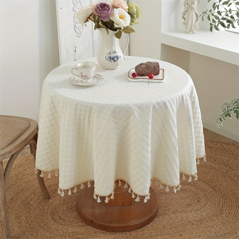 1pc elegant   style round tablecloth with tassels 3d checkered pattern polyester machine woven ideal for picnics camping birthday parties restaurants buffets and home kitchen dining decor picnic tablecloth pastel style tablecloth polyester  