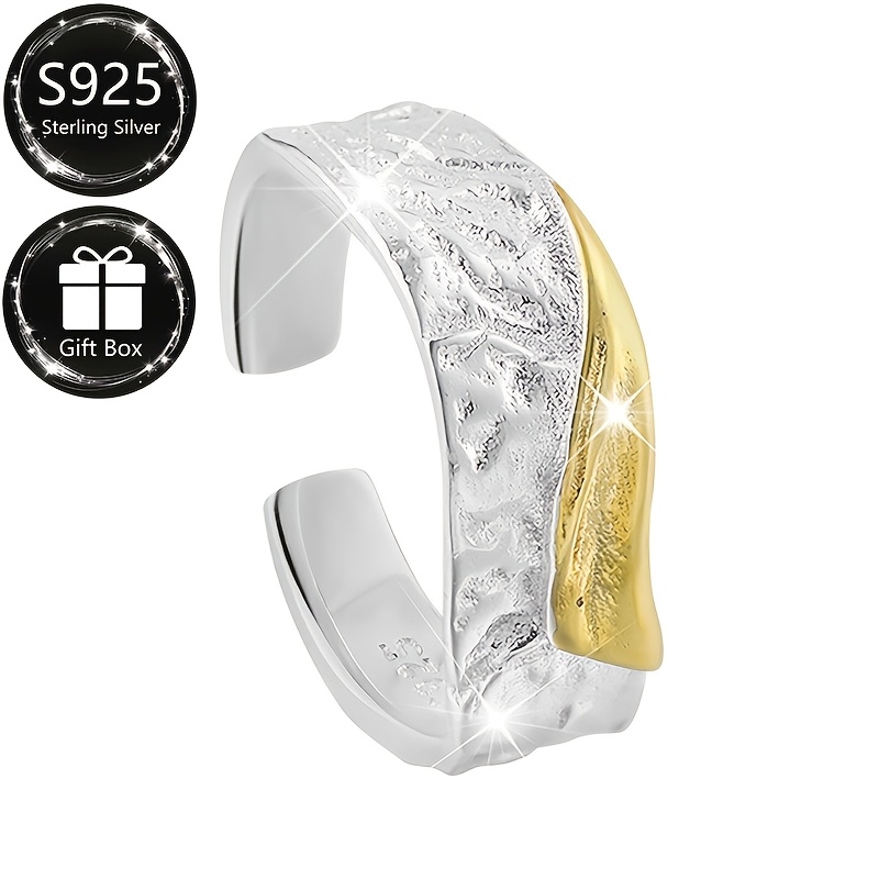 Adjustable Open Ring 925 Sterling Silver Textured Two Tone Irregular Geometric