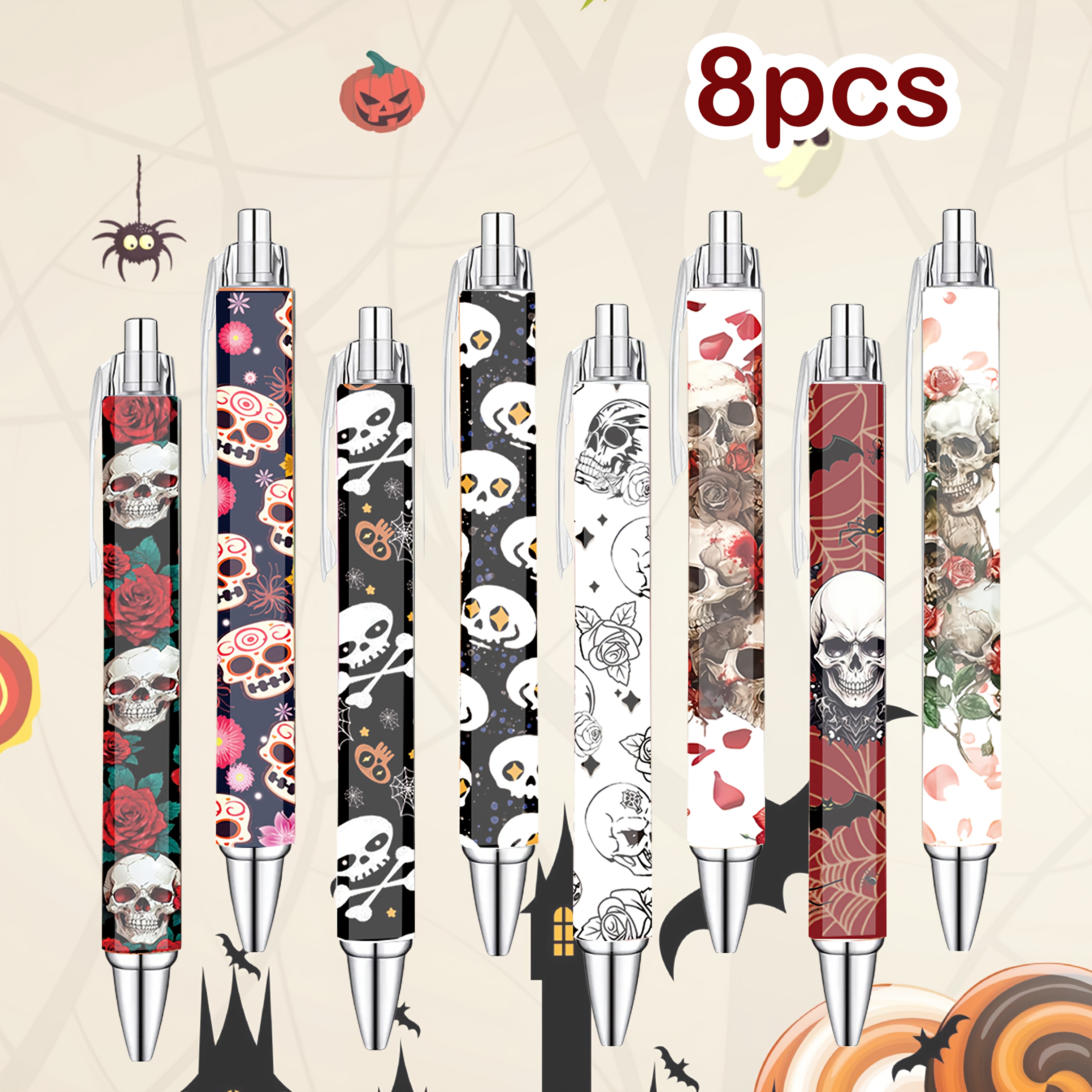 Image of 8pcs Gift Ballpoint Pens - Floral Print Black Ink Writing Pens For Women Book Lovers, Office Teachers Writing Supplies, Halloween Fun Gifts
