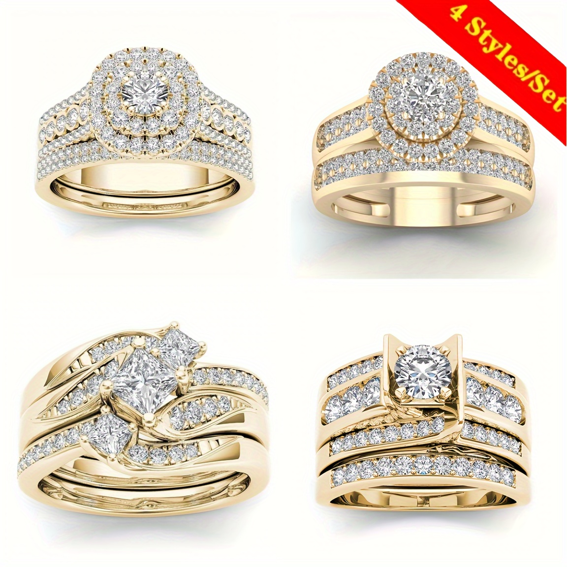 

4 's Synthetic Zircon Plated Ring Set, Engagement And Anniversary, Christmas Party Gift Jewelry