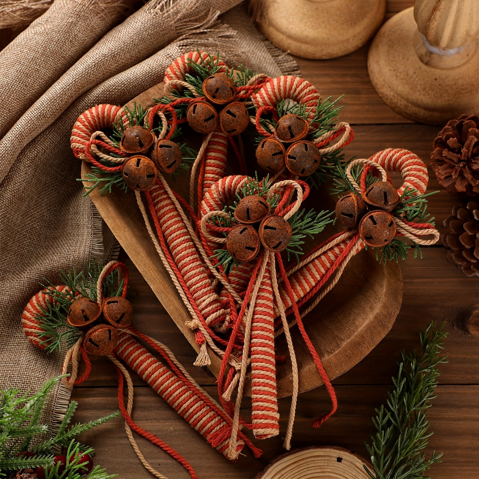 TEMU 4pcs Rustic Christmas Candy Cane Ornaments 7 Inch Burlap Wrapped Farmhouse Candy Cane Christmas Tree Hanging Decoration With Bells For Home Xmas
