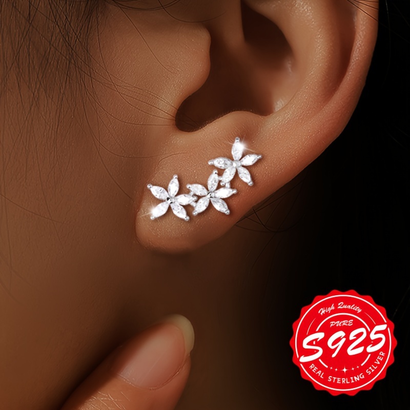 

1 Pair Elegant 925 Sterling - Flower Stud Earrings, Synthetic Zirconia, Hypoallergenic, Lightweight 1.83g, & Gifting, Christmas Holiday Accessory, Fashion Jewelry