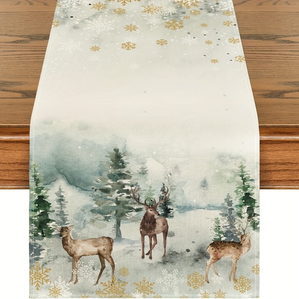 

Watercolor Deer Trees Snowflakes Christmas Table Runner, Seasonal Winter Holiday Kitchen Dining Table Decoration For Home--13--inch