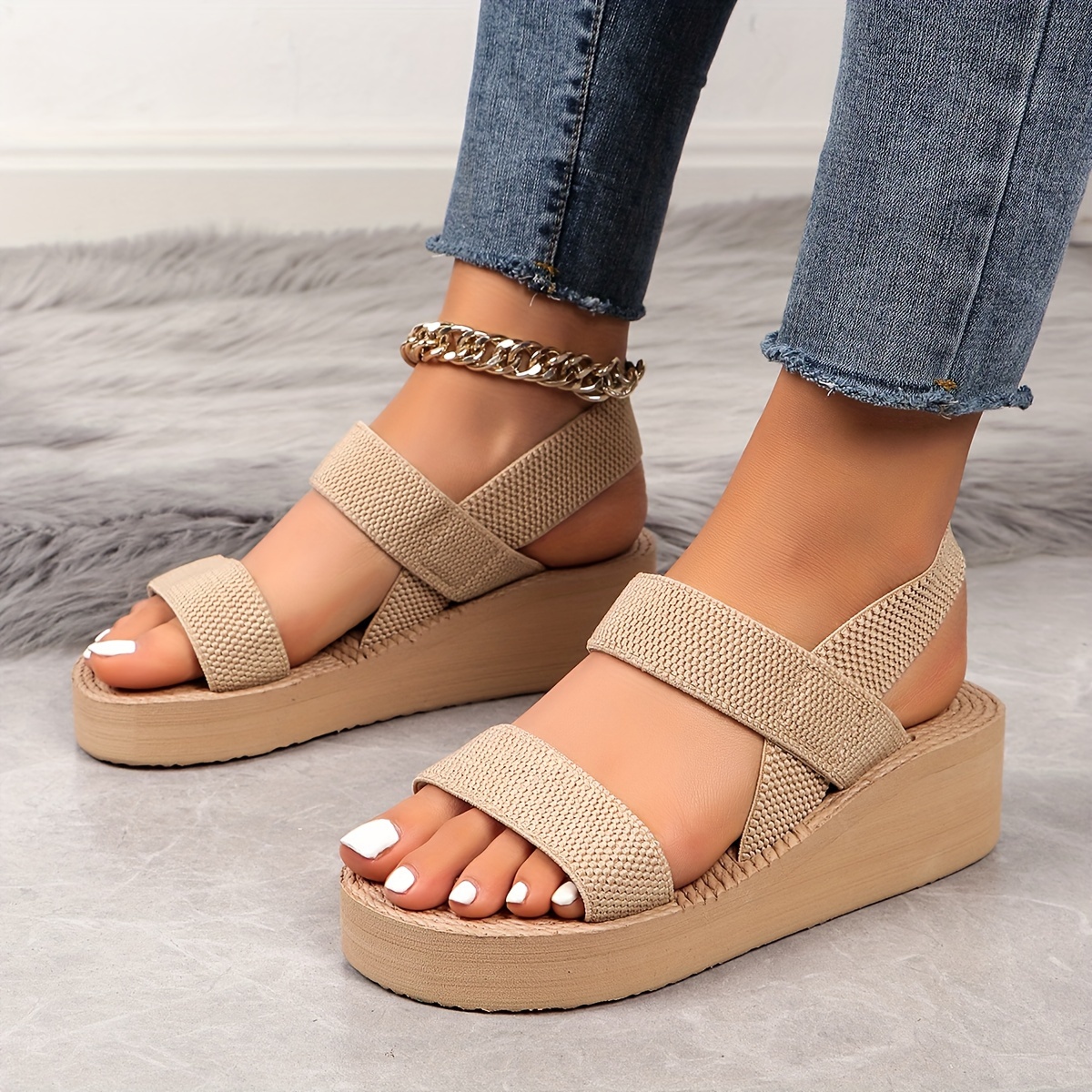 chic summer womens high heel sandals beige straw texture fabric open toe with ankle strap comfortable eva sole fashion wedge heels for beach and travel strappy sandals Product details 3