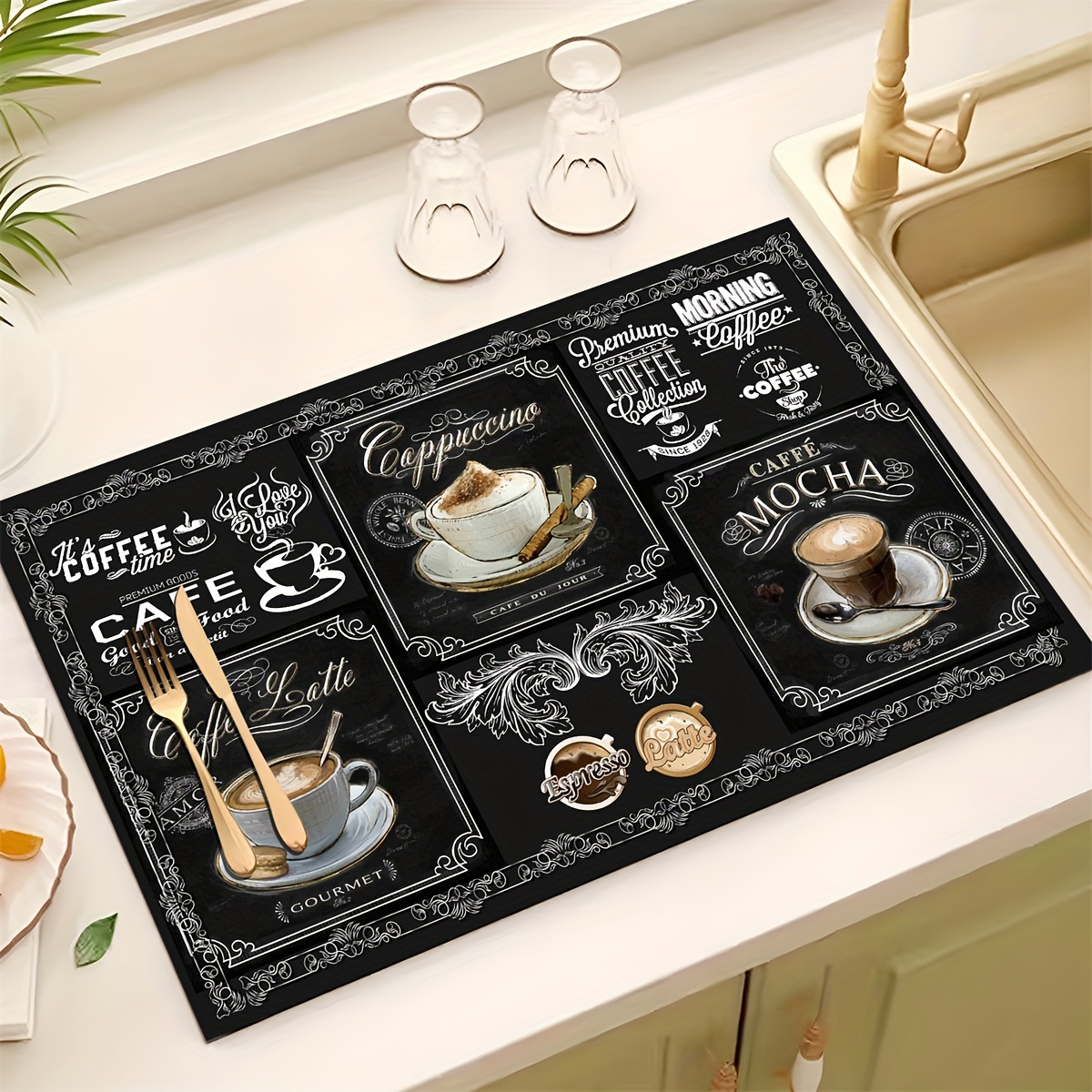 

1pc Diatom Mud Kitchen Placemat, Washable Non-slip Draining Mat, Countertableware Drying Mat, Coffee Printed Tableware Drying Mat, Non-slip Mat, Suitable For Kitchen Coffee Bar