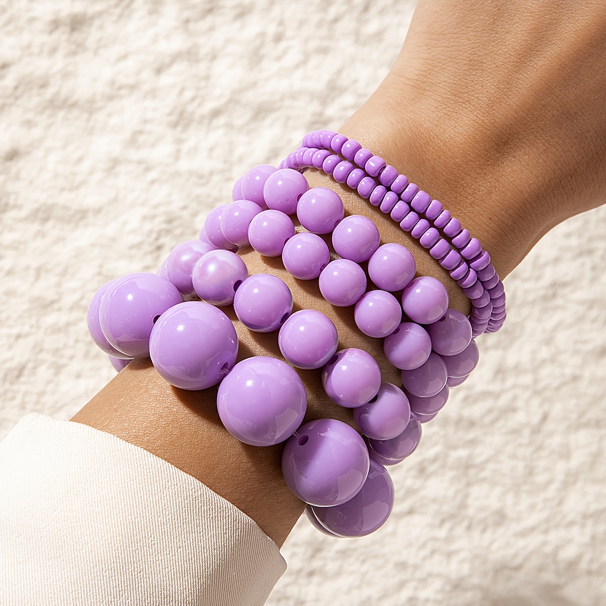 Purple Resin Large Bead Bracelet Set, Multi-Layer Stacked