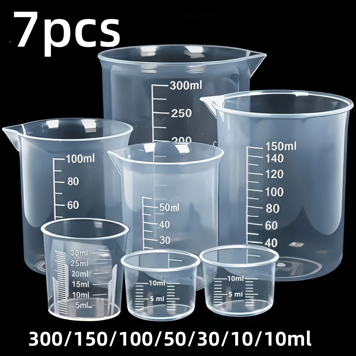TEMU Juego de 7 vasos de precipitados de plástico transparente para uso de , reutilizables, con tamaños de