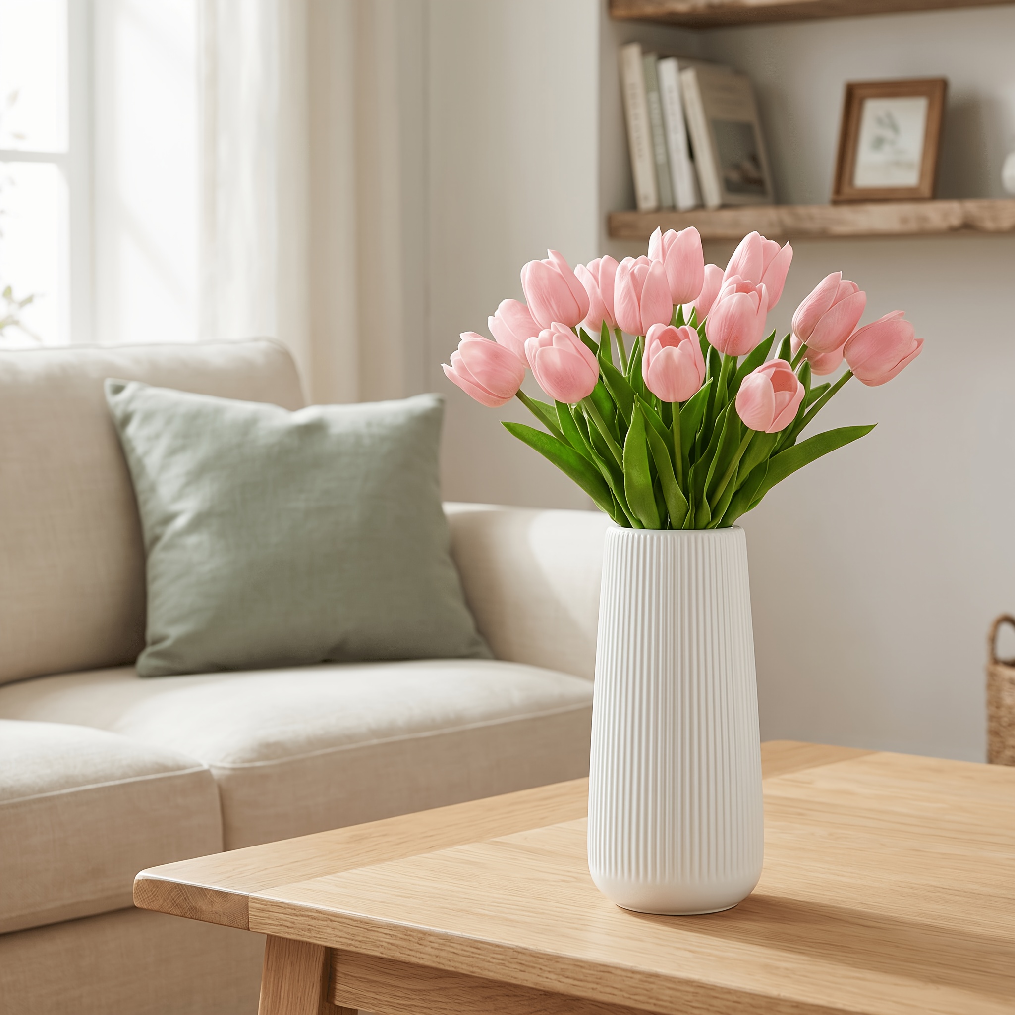 White Vertical Stripe Ceramic Vase, Modern Minimalist Tall Flower Arrangement Container, Suitable For Pampas Grass And Dried Roses, Living Room Table Decorative Ceramic Vase