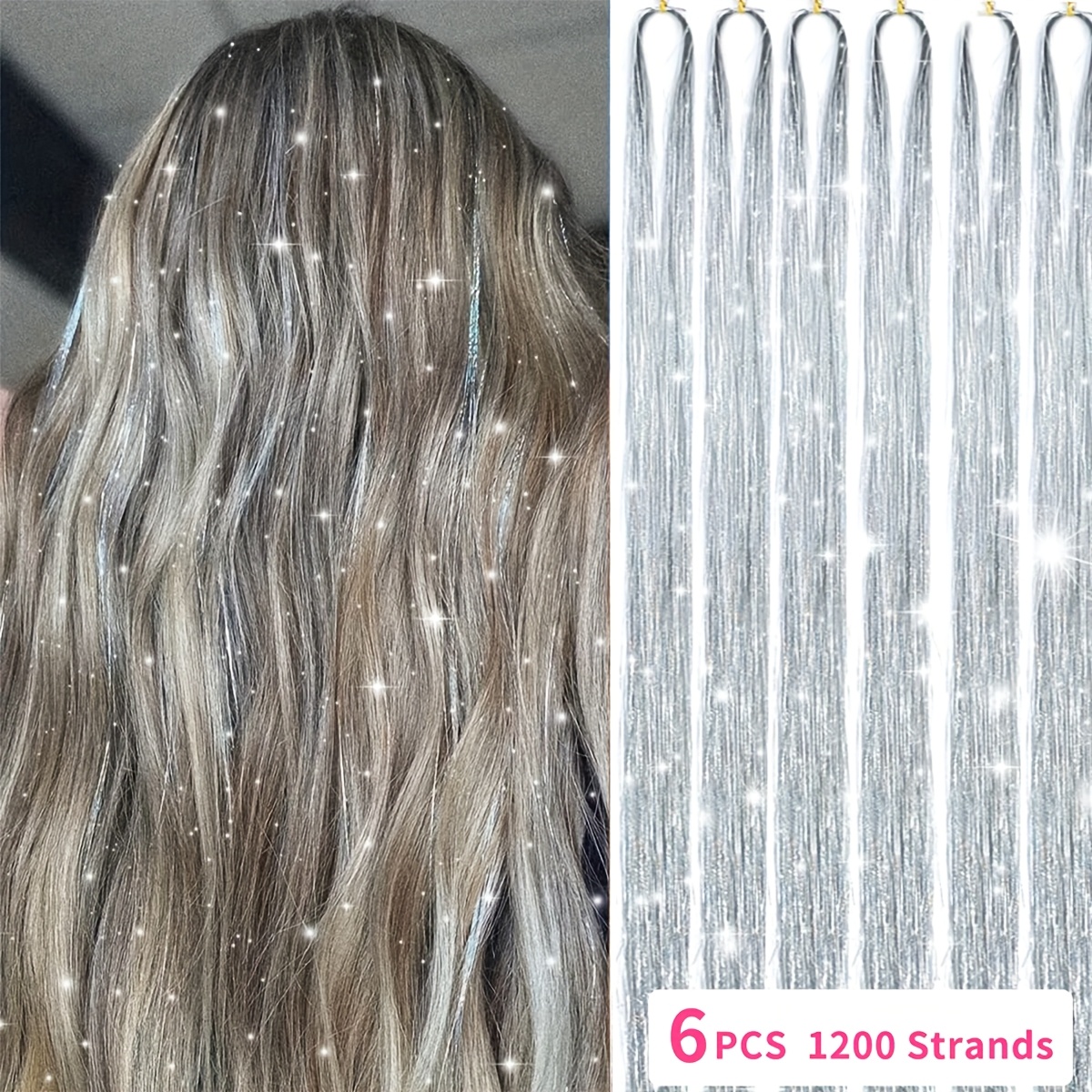 E-shop 6 Stück Bunte Glitzer-Tinsel-Haarextensions, 48 Zoll (1200 Strähnen), Haarverlängerungen für Frauen – Tägliche Verwendung, Musikfestivals,