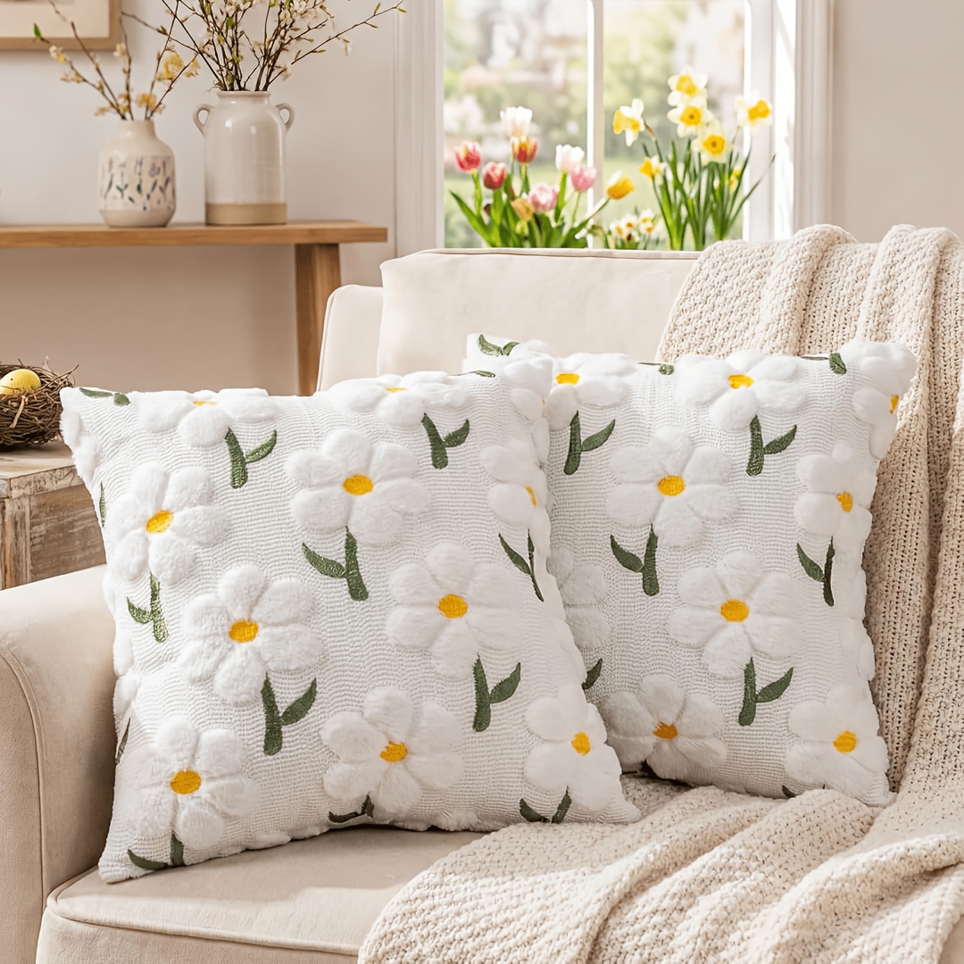 E-shop 2er-Set Plüsch-Kissenbezüge für Frühling und Sommer mit Griff und Gänseblümchen-Dekoration, 18 x 18 Zoll, weiche