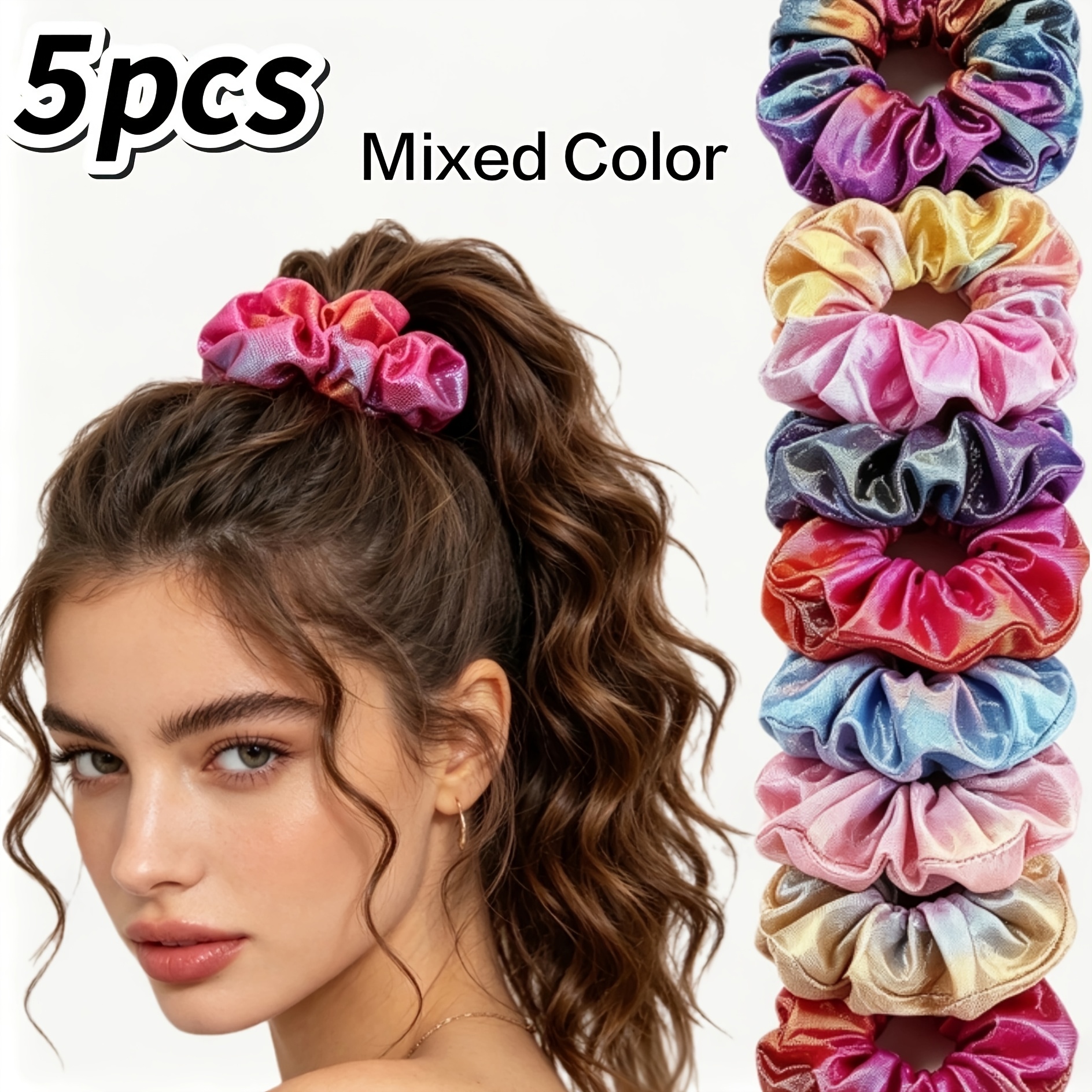 TEMU 5pcs Anneau de cheveux grêle multicolore laser, grande taille, hot stamping, anneau de cheveux à gradient , accessoires pour cheveux