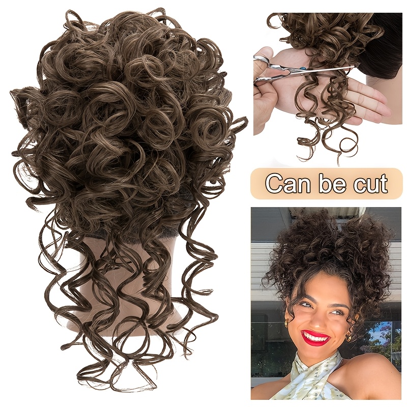 afro puff drawstring ponytail extensions short   scrunchie messy bun pony tail hair piece extra thick wavy pony tails synthetic soft pineapple updo hairpiece 8inch 20  blonde brown gray ombre for christmas   use details 4