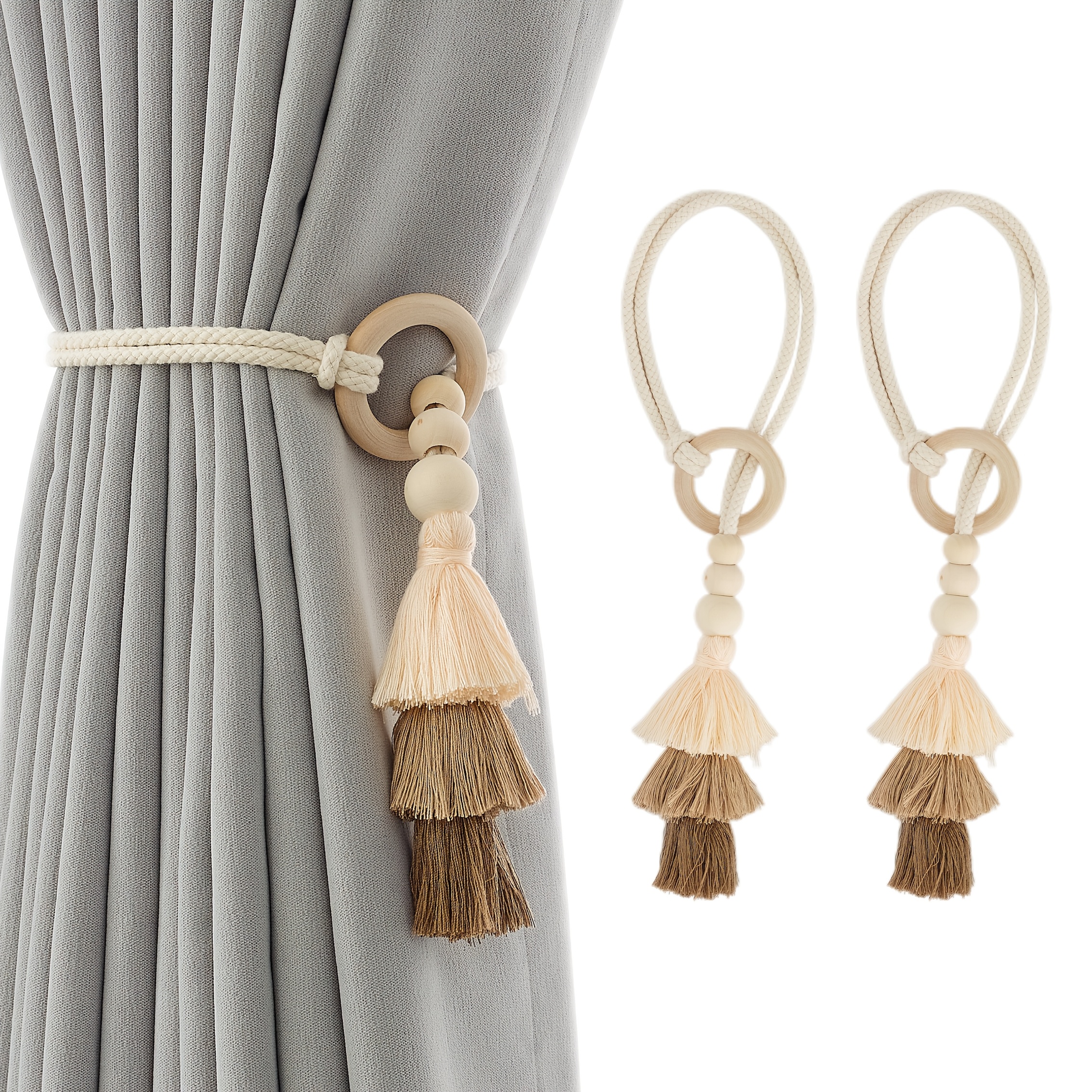 2pcs, Anneau de rideau en bois avec pompon, Style bohème, Anneau de rideau en fil de luxe léger haut de gamme, 2 pièces par paquet