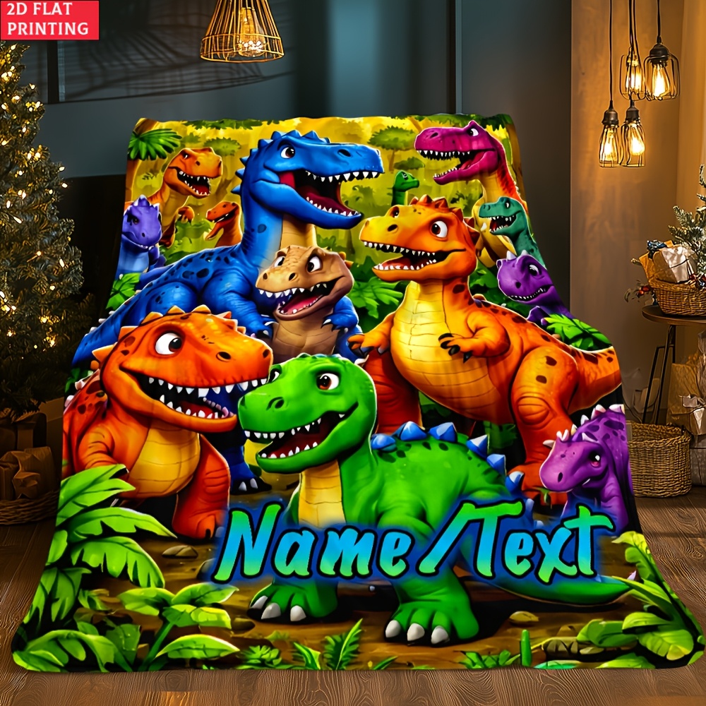 Image of 2d Flat 1pc Custom Name Cartoon Dinosaur Family Blanket - Lightweight Flannel Home Furnishings Bedding Blanket Suitable For Sofas, Beds, Travel, Camping, Living Rooms, Offices, Sofas, Chairs