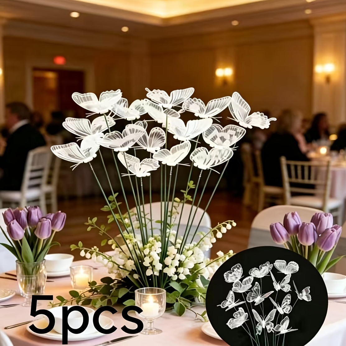 TEMU 【3d】 [3d] 5pcs White Garden Decorative Columns, Artificial Decorative Bouquets, Suitable For Indoor And Outdoor Gardens, Potted Plants And Home