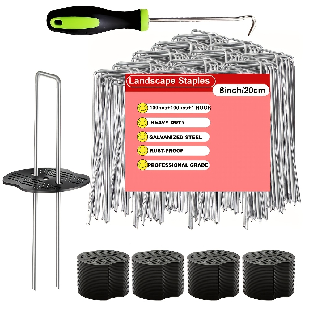 E-shop 100 Stück Gartenstecker + 100 Stück Dichtungen + 1 Haken, 4/6/8 Zoll U-förmige verzinkte Landschaftsstecker, schwere Bodenstecker für