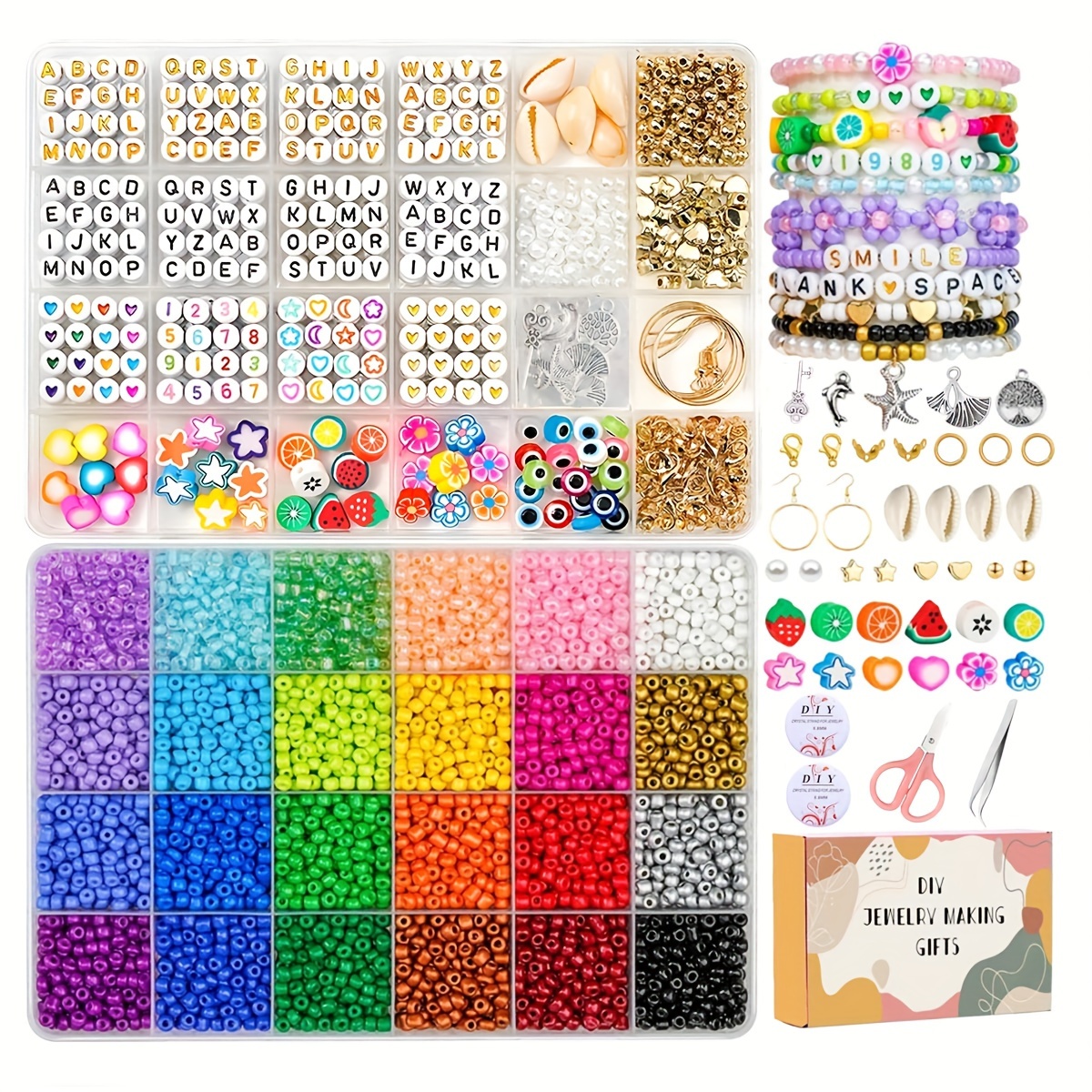 

Making Kit: 2400+/5700+pcs Glass Seed Beads, Alphabet & Number Beads, Evil Eye Charms, Heart & Starfish Shapes - Crafting Necklaces, Bracelets, Earrings