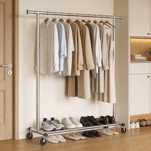 artikel foto kledingrail met wielen, verstelbare kledingstandaard, heavy-duty, voor slaapkamer, 150 kg draagvermogen, eenvoudige montage, zilverkleurig