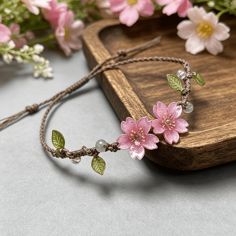 TEMU Bracciale da donna boh矇mien intrecciato con fiori di ciliegio, braccialetto a termorestringente con a fiori di ciliegio, con foglie e perline di