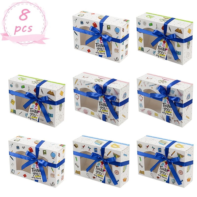 TEMU Cadeau pour Elle/Lui Lot de 8 Boîtes Cadeaux sur le Thème de la Rentrée Scolaire avec Fenêtre Transparente, Ruban et Étiquettes de Remerciement,