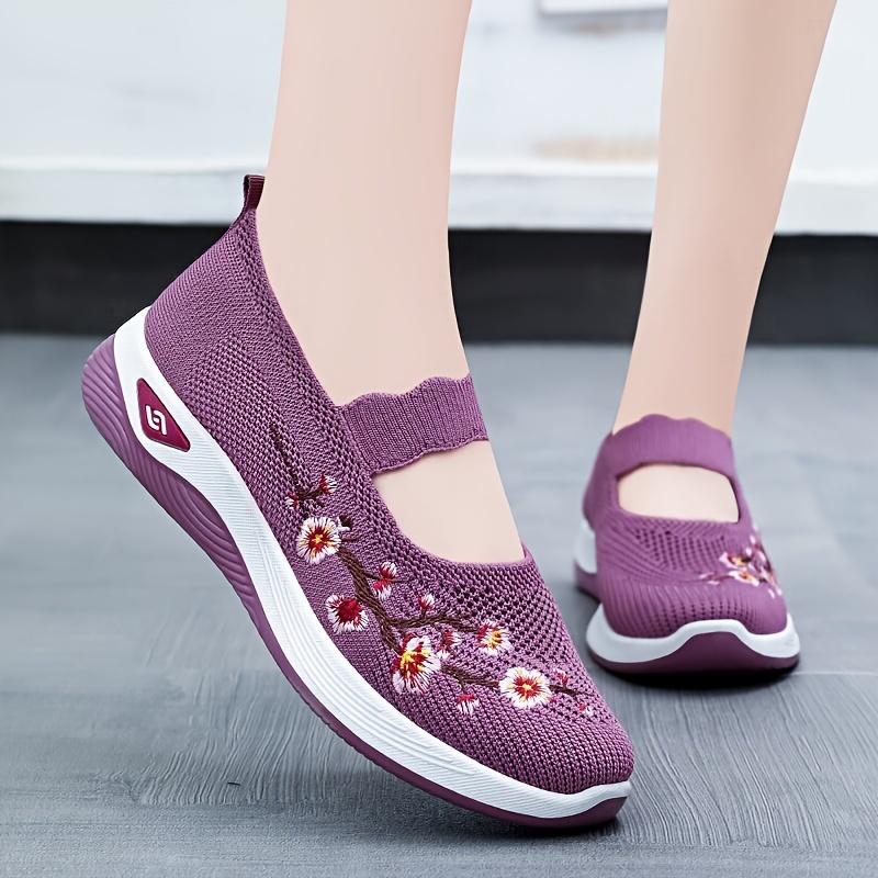 

Women's Flower Print Knitted Flats, Breathable Slip On Outdoor Shoes, Comfortable Low Top Shoes