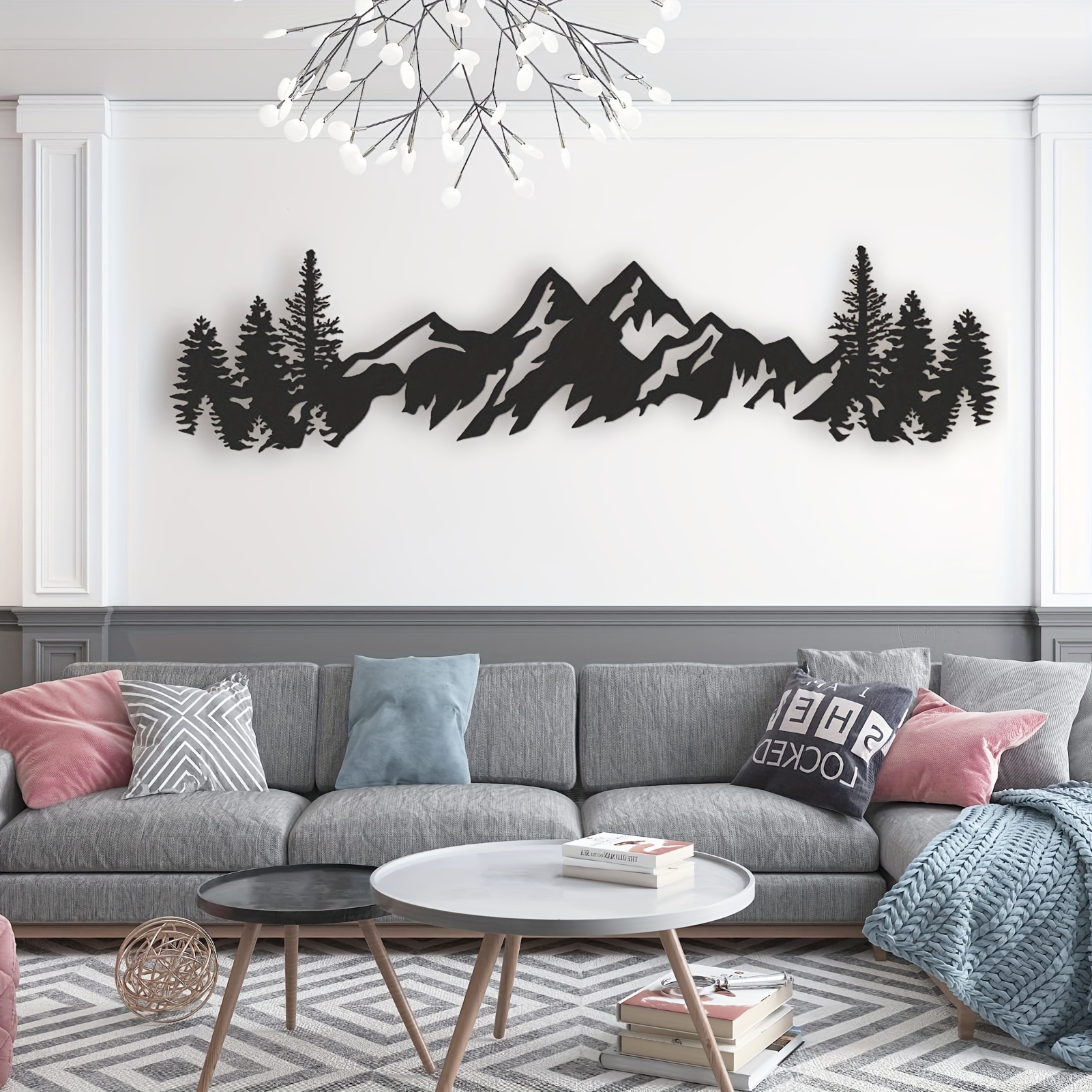 TEMU 37 x 9 pouces grande décoration murale en métal - bannière paysage avec et design silhouette noire, pour ou . Suspension intérieure, œuvre d'art