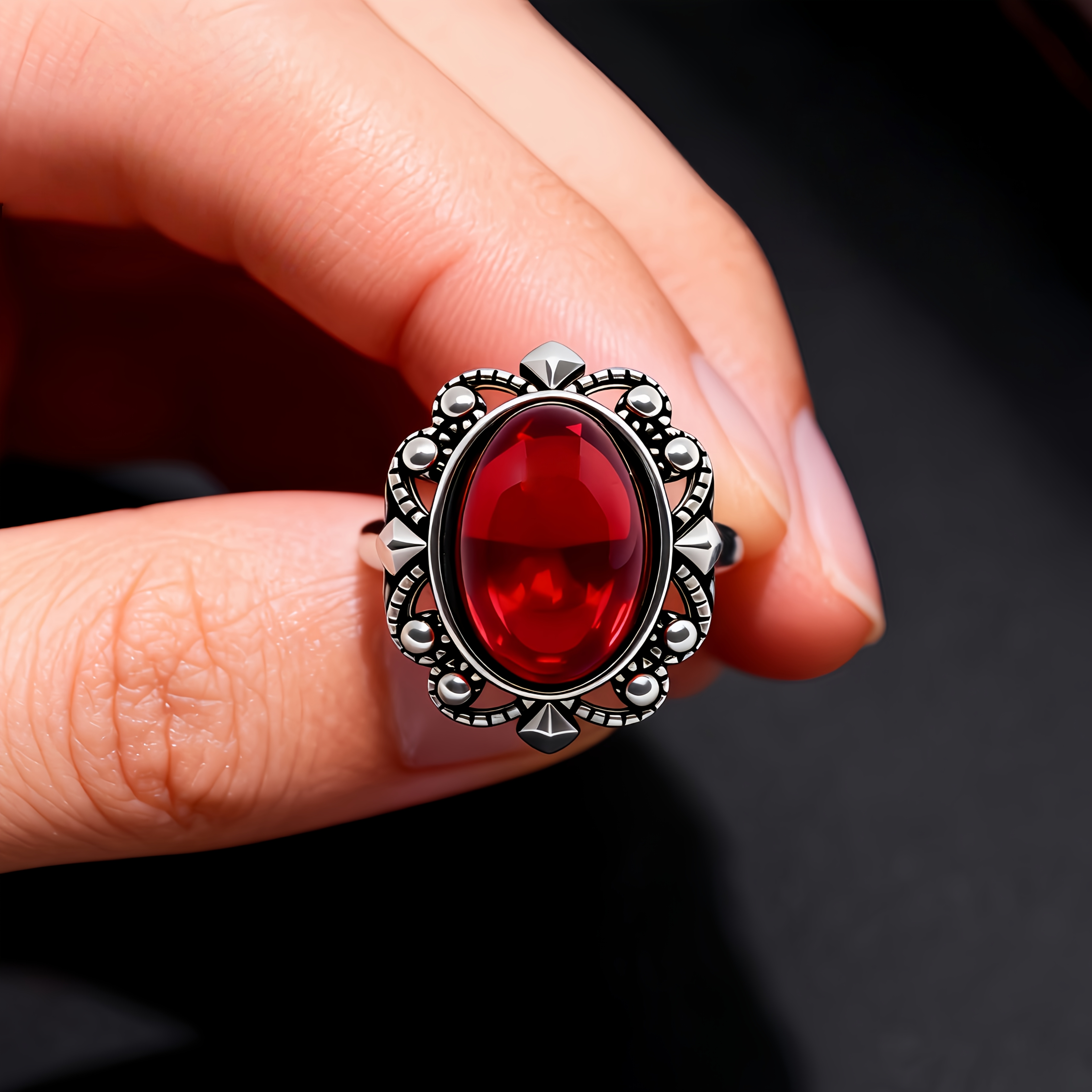 Women's Bohemian Red Zirconia Geometric Design Ring, Retro Style