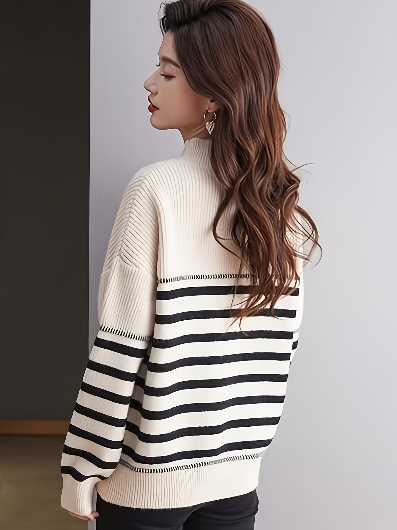 womens half turtleneck black white striped sweater elegant Temu