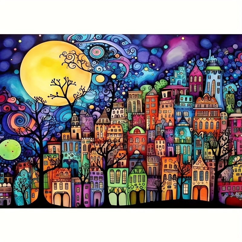 

Diy 5d Full Drill Diamond Painting Kit 30x40cm - Cartoon Colorful Houses Landscape - Round Diamond Art Embroidery For Home Office Wall Decor