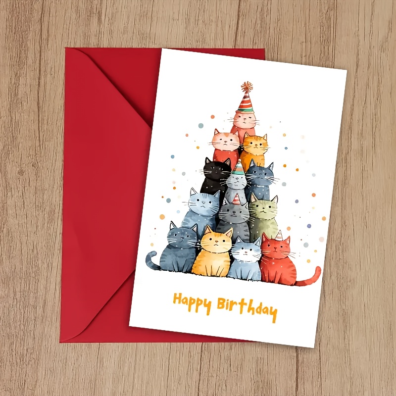 1pc Cartoon Cat Birthday Greeting Card, High-quality Paper, Animal Theme, With Option, Suitable For Cat Lovers, Pet Owners