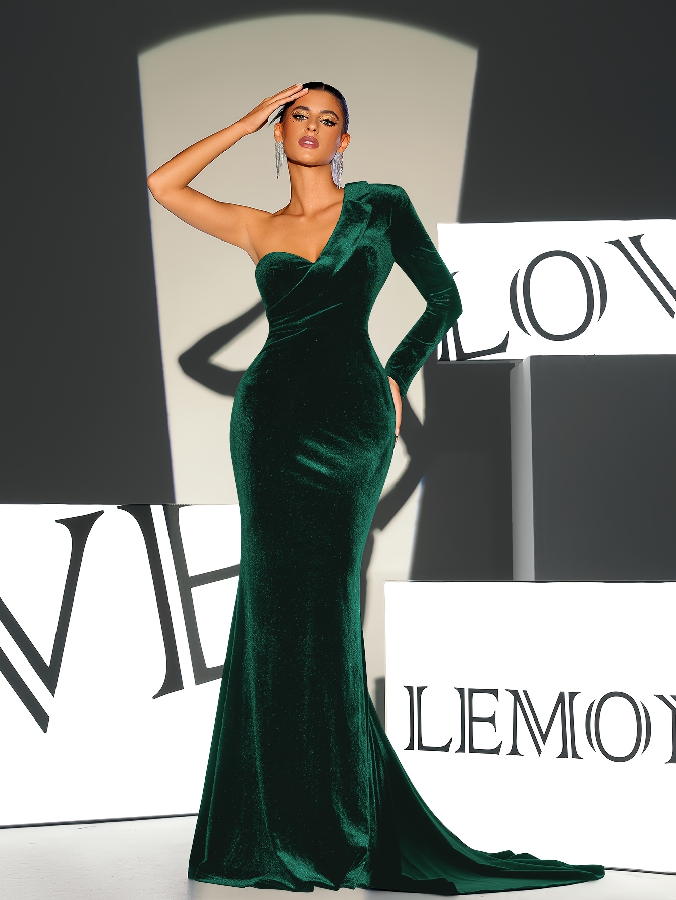green velvet one shoulder long sleeve floor length evening - Temu Mauritius