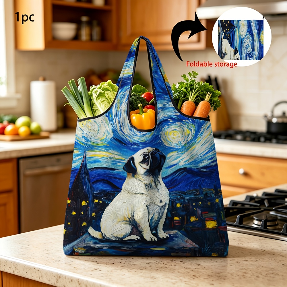 TEMU 1pc Reusable Grocery Bags Foldable Cute Pug Starry Night Art Painting Print Large Capacity Portable Daily Shopping Tote Bag