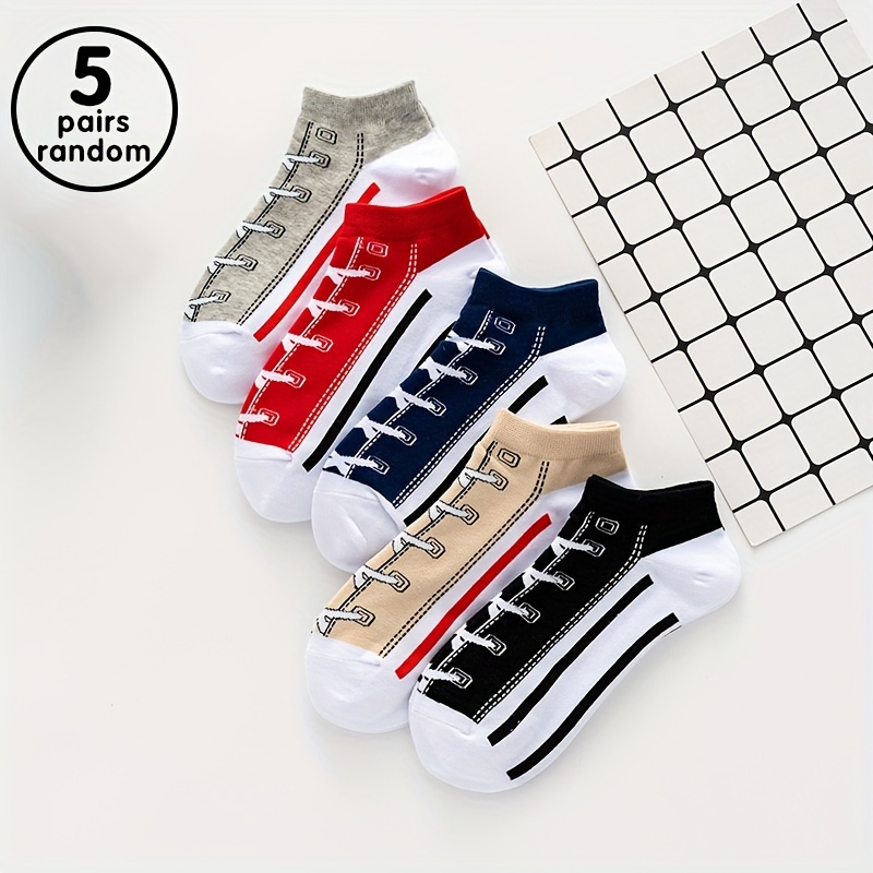 

5 Pairs Of Men's Funny Shoelace Print Low Cut Ankle Socks, Sweat Absorption & Breathable Socks, For All Seasons Wearing