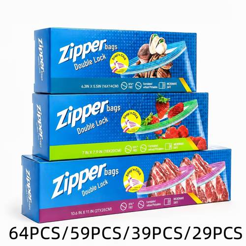 item picture 64pcs 59pcs 39pcs 29pcs double zipper sealed food preservation bags 3 sizes from bpa free reusable sealed bags microwave freezing suitable for storing snacks meat fruits and food kitchen food preparation special preservation bag