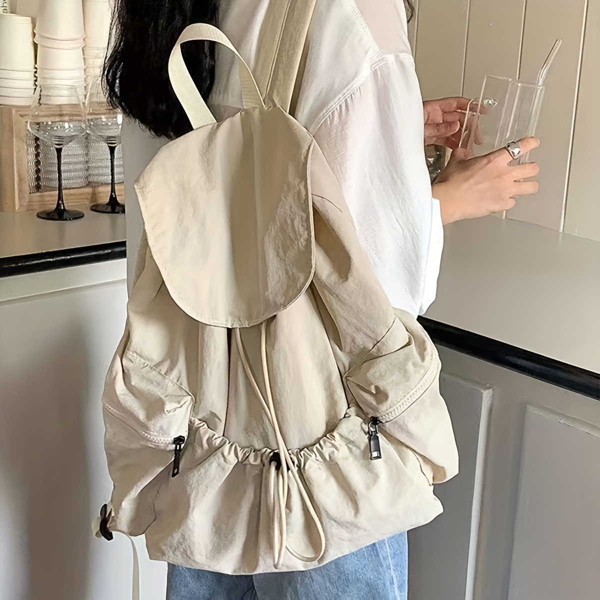 

Women's Fashion Backpack, Stylish Pleated Drawstring, Trendy Large Capacity Flap Cover Student Bag, Dual Straps