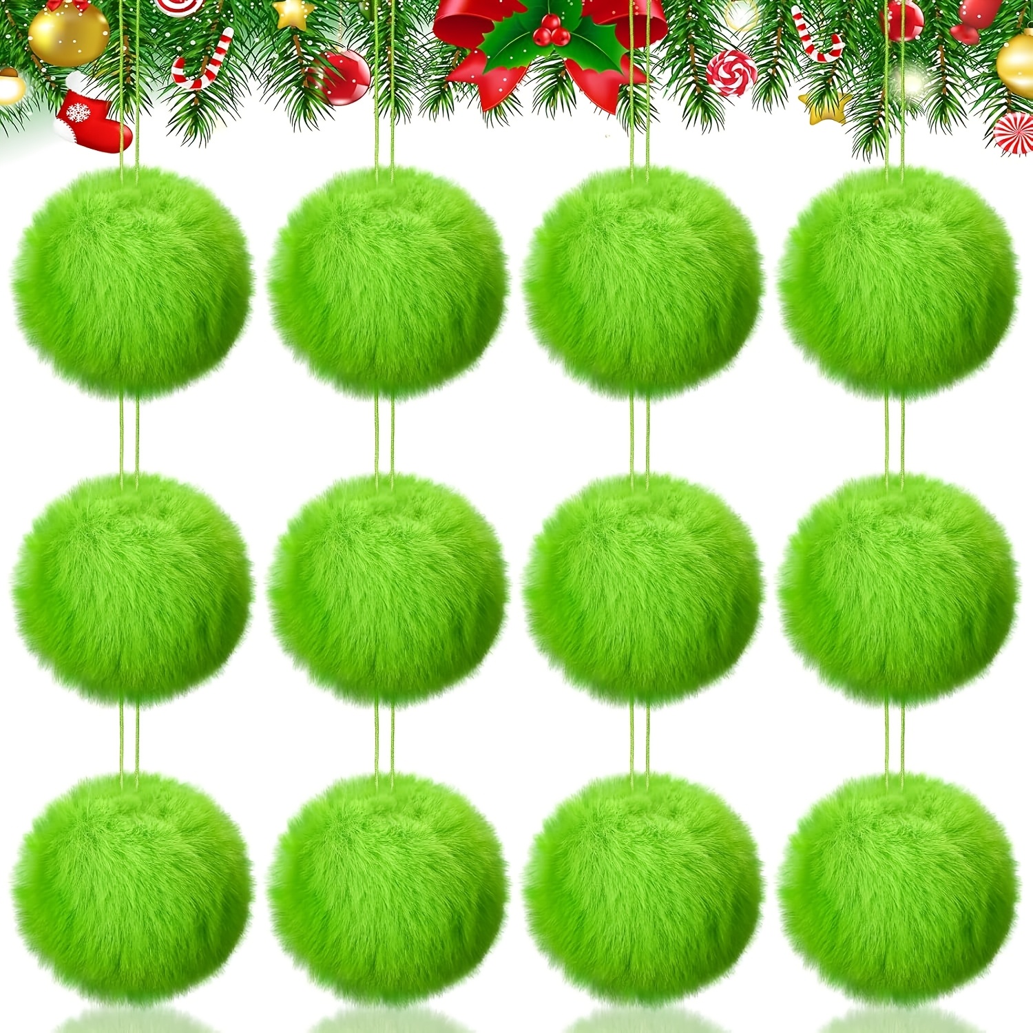 12pcs Lime Green Furry Christmas Ball Ornaments For Tree Green Christmas Hanging Decorations Soft Faux Fur Ornaments For Home Party Supplies Fireplace Mantel Wall Decor Tree Toppers
