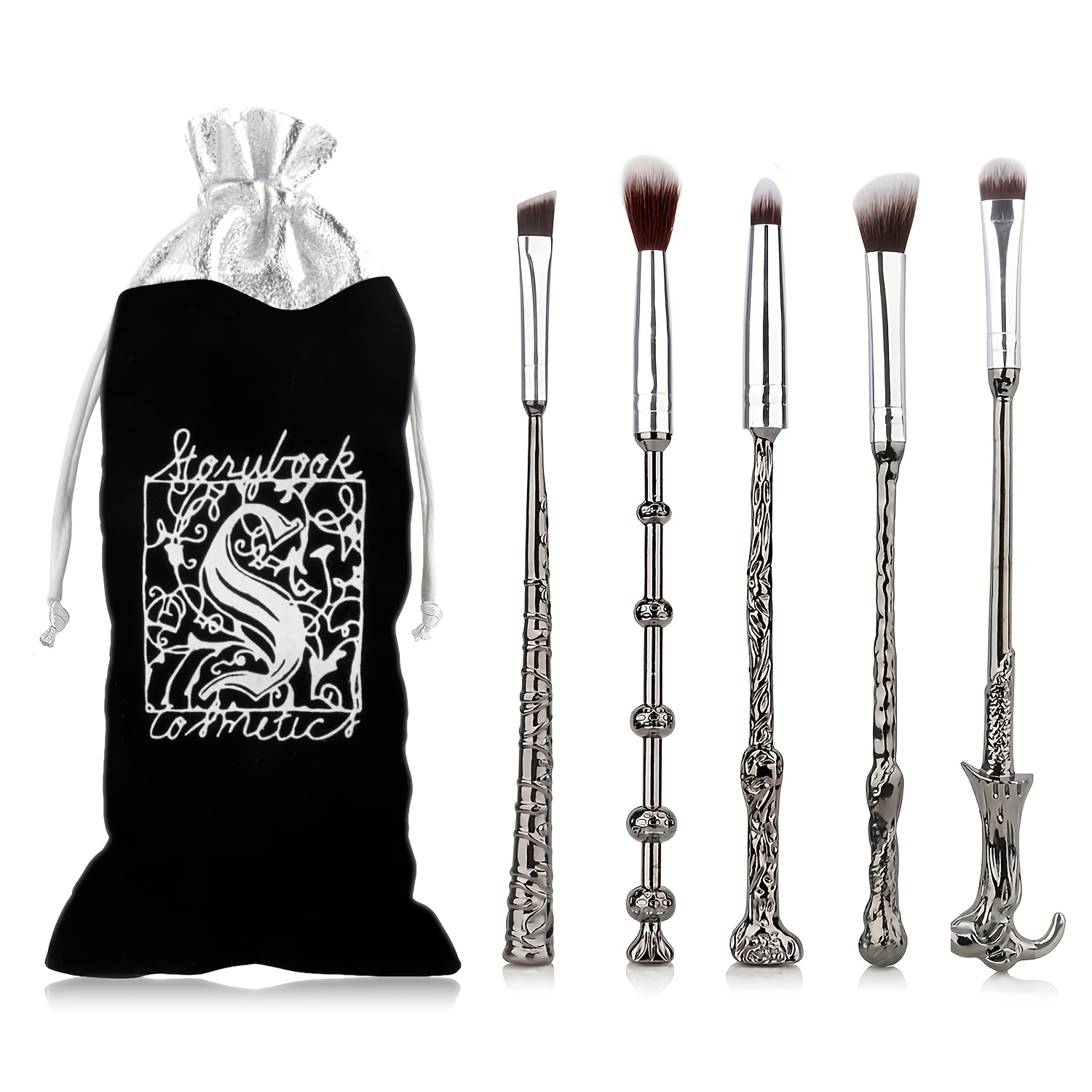 Image of Set Of 5 Makeup Brushes Designed As From Featuring Characters Like Harry And Hermione. Metal-textured Eyeshadow And Contour Brushes Are Perfect For Birthday Celebrations And Special Occasion Gifts