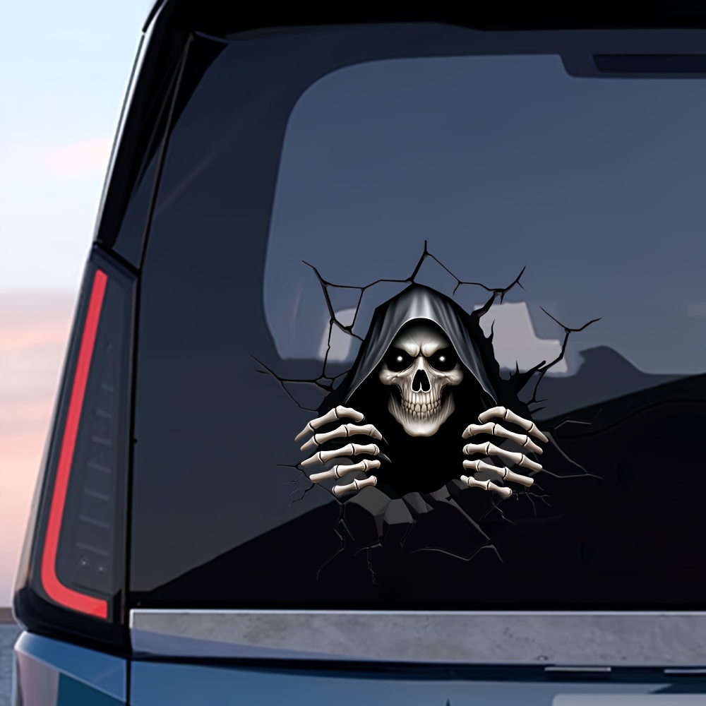flat sticke2D Horror Skull Car Sticker - Double Sided Peep Crack Wall Sticker, High Quality PVC Self Adhesive Design, suitable for irregular shape edge decoration of vehicles, laptops, walls