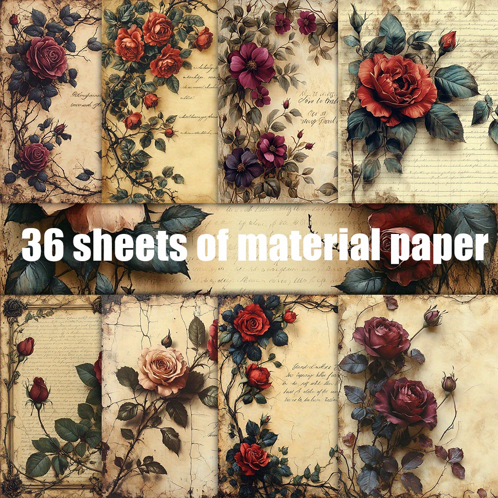 TEMU 36 Sheets Of Non-repeating Gothic Handwritten Quotes Rose Vine Vintage Paper, Decorative Paper, Material Paper Suitable For Background Card Pad