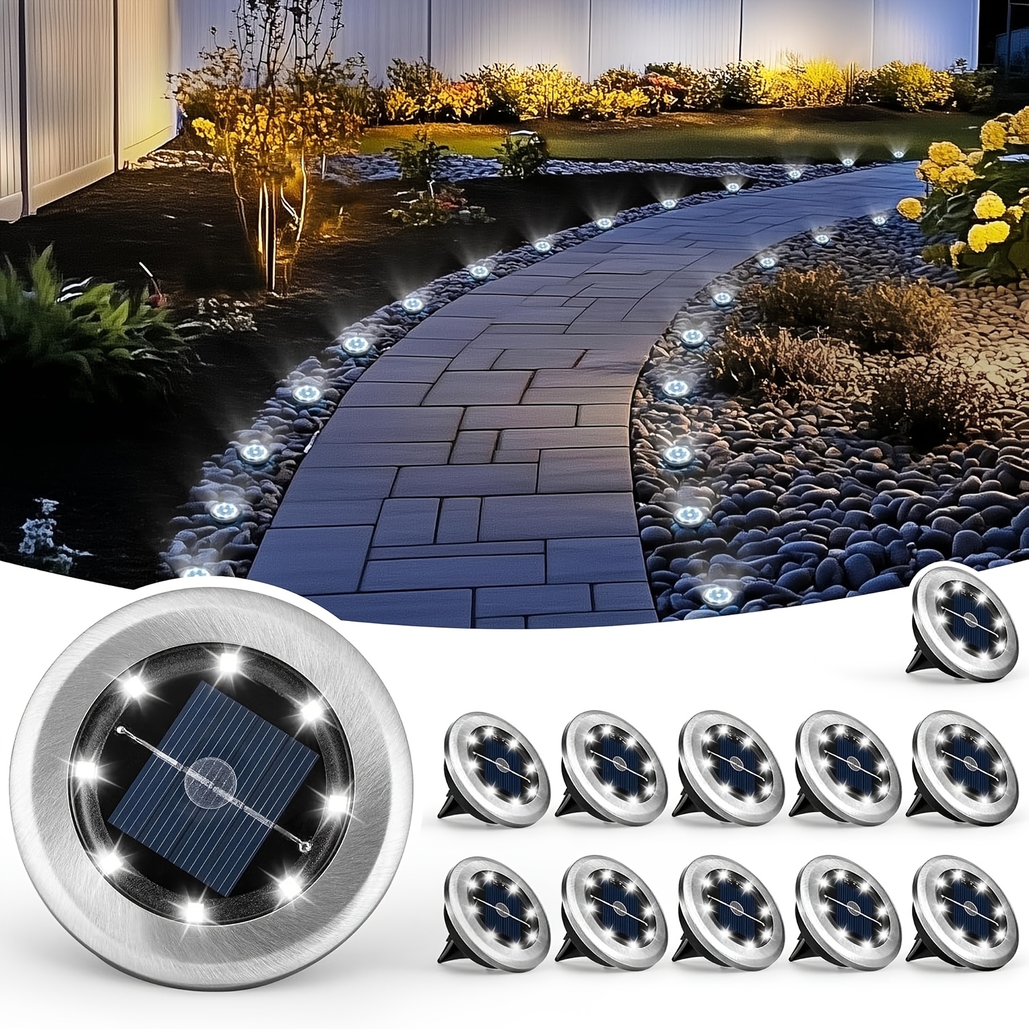 TEMU 12pcs Solar Stainless Steel Floor Lights, Solar Courtyard Lights, Upgraded Outdoor , Pathway, Courtyard, Deck, Lawn, Terrace, Path Landscape