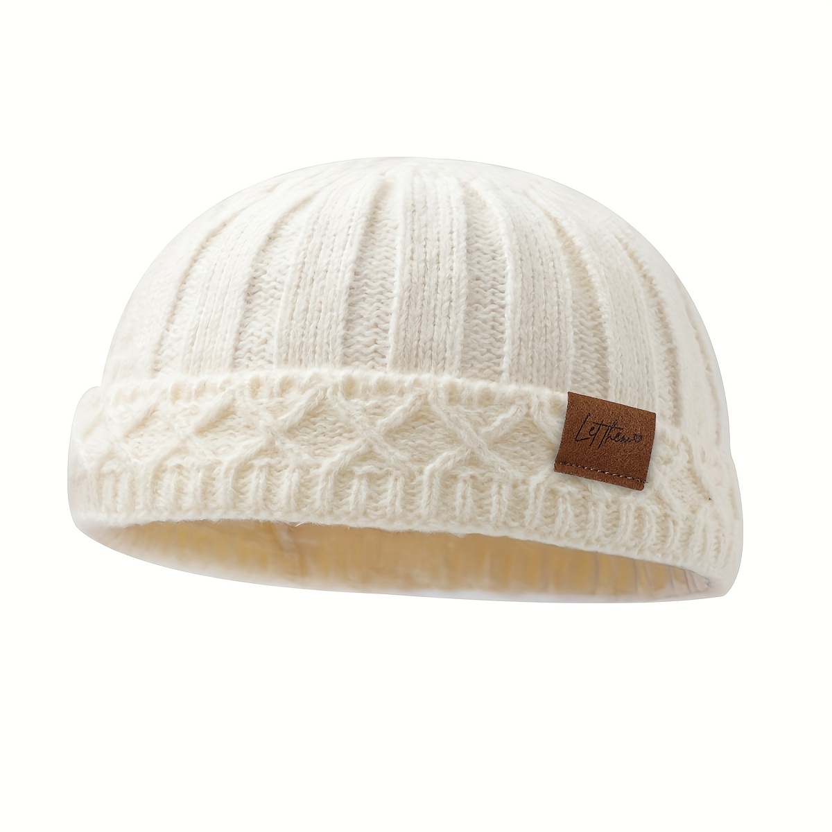 1pc Men's Stretchy Knit Beanie - Soft Brimless Docker Cap With Simple Letthem Leather Patch, Options - Christmas, Valentine's Gift For Him - , Everyday & Formal Cold - Minimalist Accessory