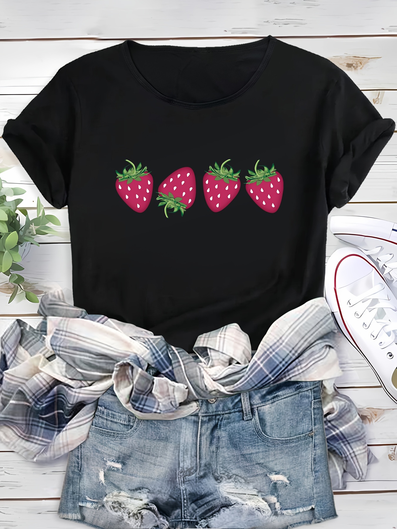 strawberry print crew neck t shirt fashion comfortable short