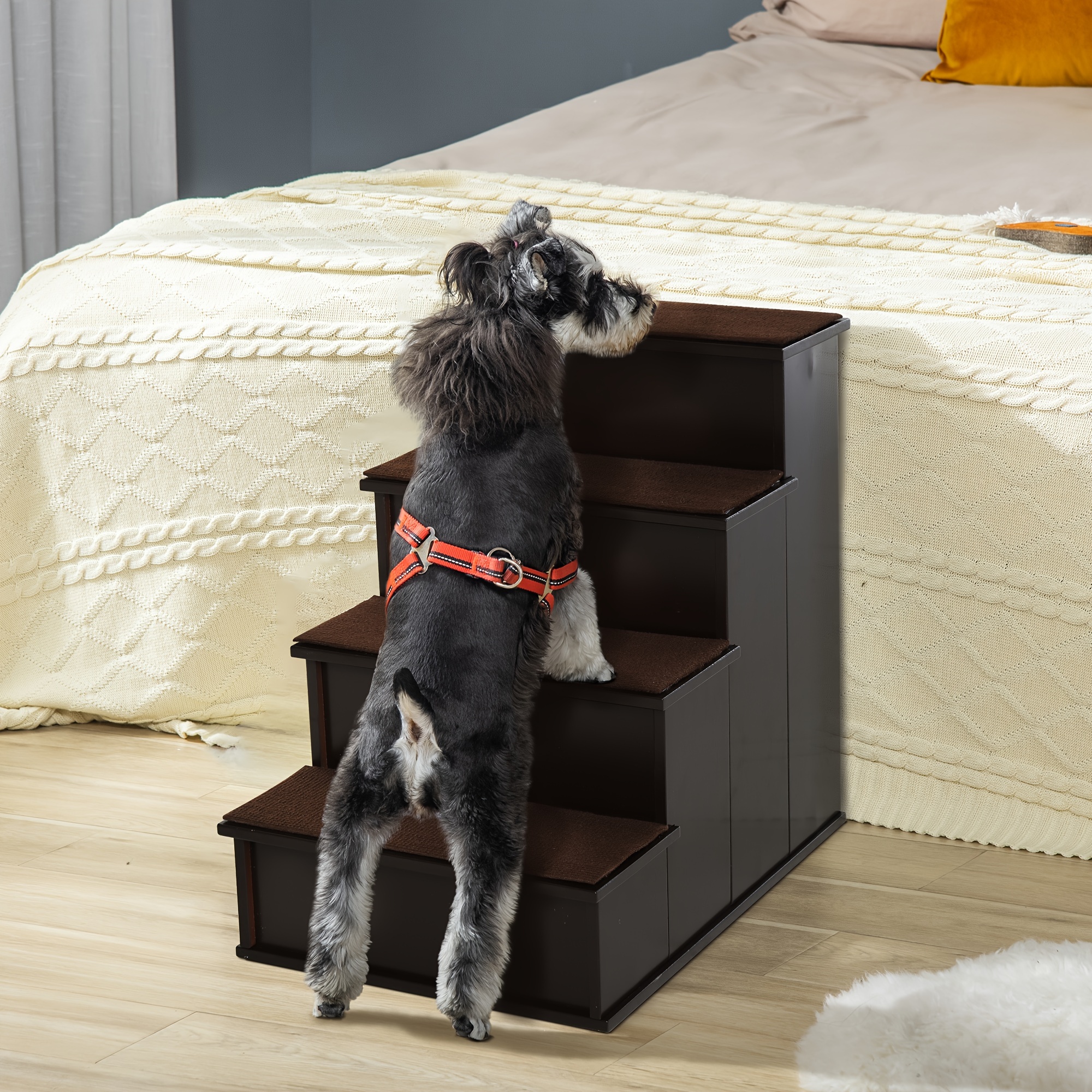 TEMU Pawhut 4 Niveaux Marches en Bois pour Chien, Escalier pour Animaux de Compagnie pour Lit Haut, Échelle pour Chat pour Lit Canapé avec Tapis