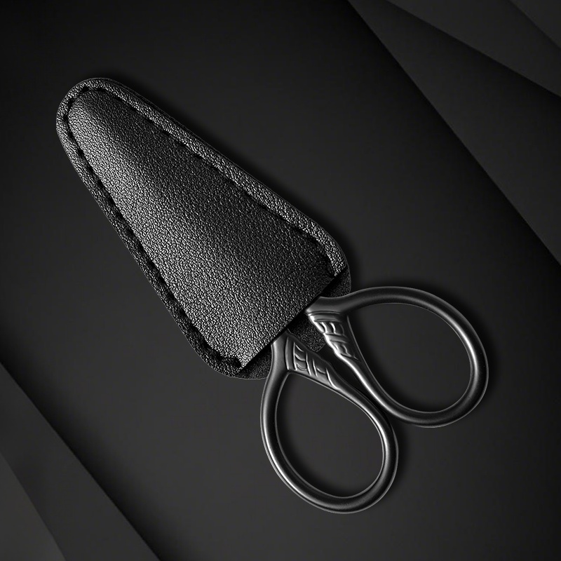 E-shop Schwarzes Edelstahl Trimmer Set im Vintage-Stil mit Prägung (Schere + Leder Schutzhülle), Sichere und Präzise Edelstahl Grooming Schere - ein