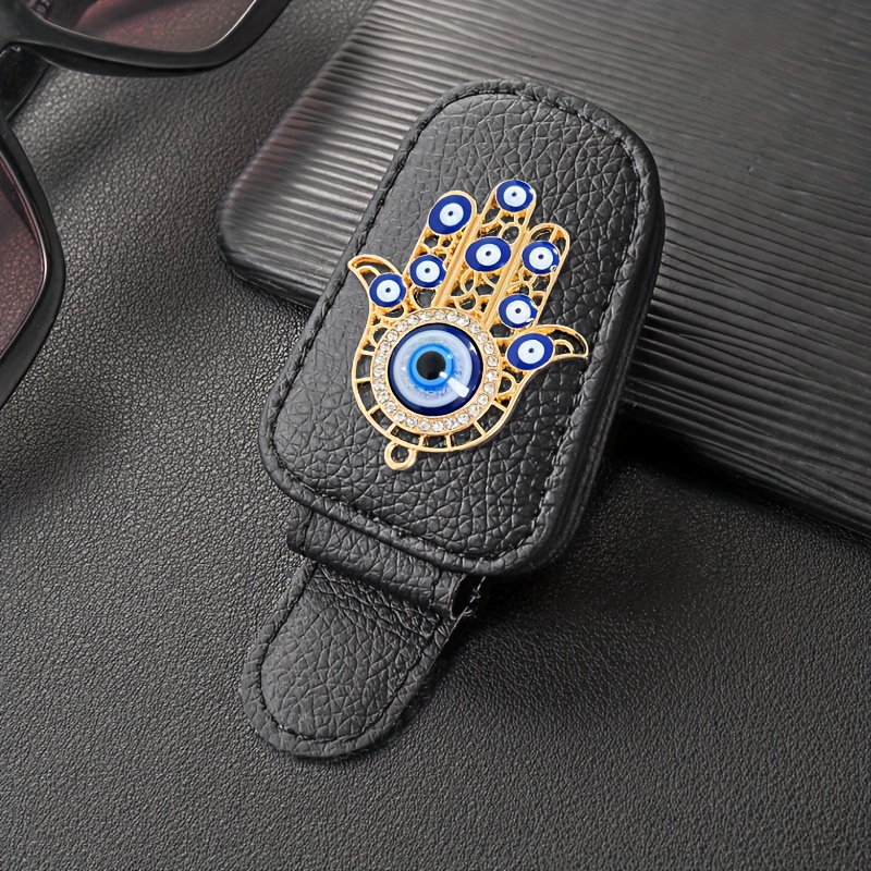 TEMU 1pc Golden Silvery Evil Eye Car Sun Visor Glasses Clip, Creative Metal Hand Decorative Glasses Clip, Universal Pu Leather Fashion Glasses Clip,
